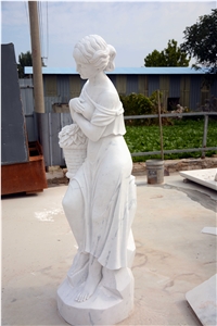 Modern Girl Sculpture With Flower Basket In White Marble