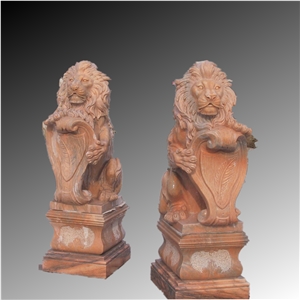 Sunset Red Marble Stone Carving Lions