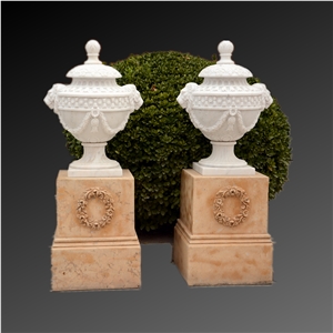White Marble Flower Pot With Red Stone Base