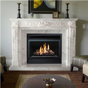 Indoor Elegant White Marble Sculptured Fireplace Surround