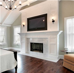 Indoor Elegant White Marble Sculptured Fireplace Surround