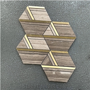 Coffee Wood Marble Mix Brass Metal Bathroom  Mosaic Tiles