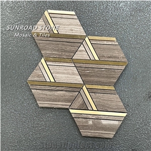 Exclusive Design Coffee Wood Marble  Mix Brass Mosaic Tiles