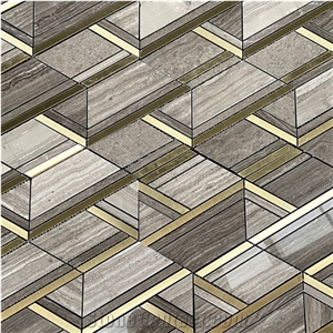 New Arrival Coffee Wood Marble Mix Brass Mosaic Wall Tiles