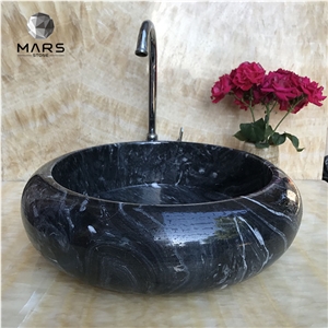 Good Price Hand Carved Black Marble Round Size Wash Basigns