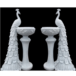 Hand Carved Stone Animal Sculptured Flower Stand- Marble Peacock Flowerpots