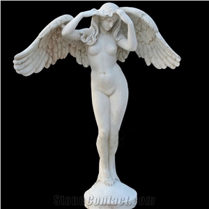 Natural Stone Wings Sculpture White Marble Angel Statues