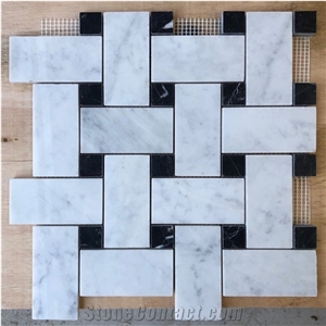 Carrara White Marble W/Black Dots 2"X4" Basketweave Mosaics