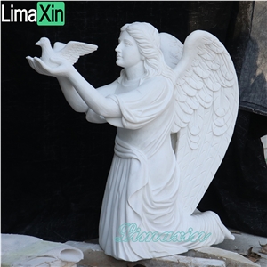 Natural White Marble Angel Sculpture Statue With Pigeon