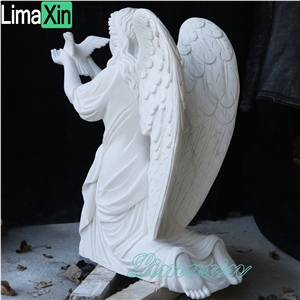 Natural White Marble Angel Sculpture Statue With Pigeon