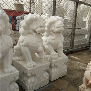 Small Size Traditional Hand Carved White Marble Foo Dog