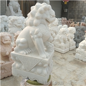 Small Size Traditional Hand Carved White Marble Foo Dog