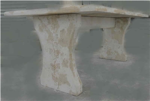 Garden Table In Travertine With Engraving On The Legs
