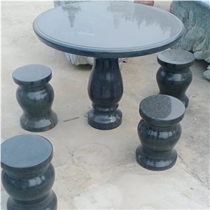 Carving Black Granite Outdoor Table And Bench Set