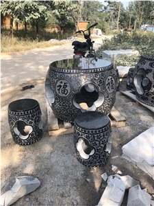 Garden Black Stone Tables And Chairs Hand Carved Flower Fish