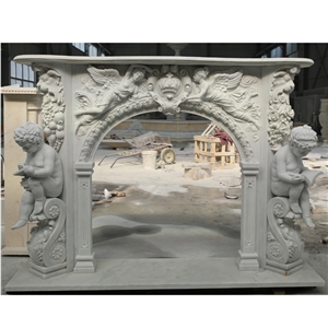 Natural White Marble Carved Marble Angel Fireplace Mantel