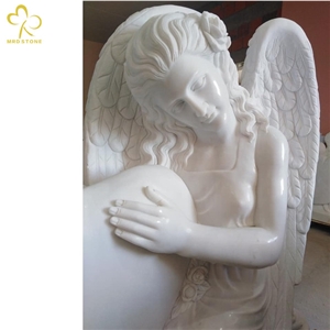 Natural Pure White Marble Angel Carving Moument Headstone