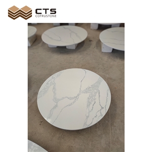 Artificial Quartz Round White Surface Grey Veins Table Top