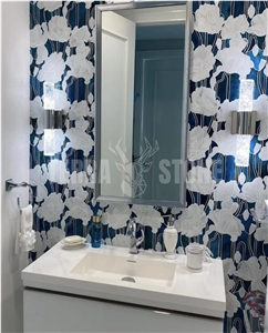 Floral Glass Mosaic Blue White Flower Bathroom Wall Tile