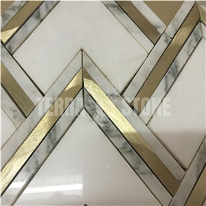 Arabescato Marble Waterjet Mosaic Tile With Metal Inlay