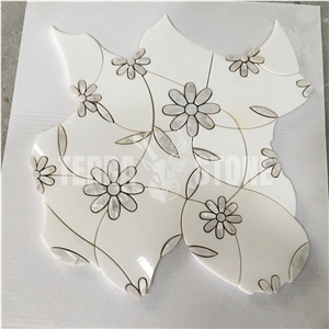 Artistic Flower Design White Stone Waterjet Mosaic Tile