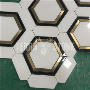 Big Hexagon White Thassos And Black With Brass Waterjet Tile