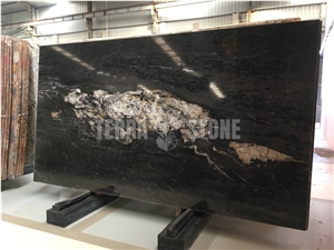 Black Cosmic Granite Slab With Gold Veins For Interior