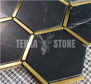 Black Marble Hexagon Mosaic With Brass Inlay Tile