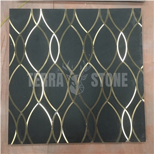 Black Marble Waterjet Tile With Stainless Steel Mosaic