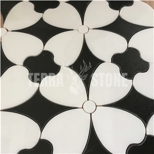 Black White Mosaic Tiles Irregular Marble Waterjet Wall