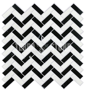 Black White Natural Marble Herringbone 1"X2" Mosaic Tile
