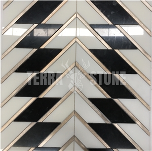 Black White Triangle Marble Mosaic Waterjet With Metal Tile