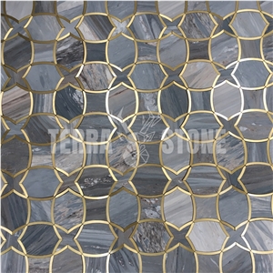 Blue Marble And Gold Metal Waterjet Marble Mosaic Tile