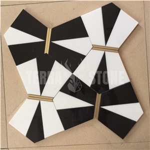 Bow Pattern Waterjet Mosaic White And Black Marble Tile
