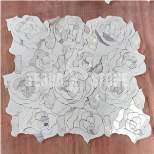 Calacatta Marble Waterjet Mosaic Flower Tile For Bathroom
