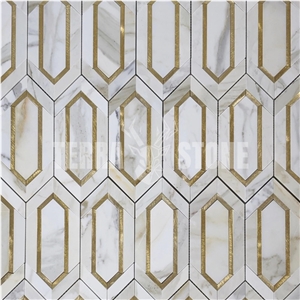 Calacatta Marble With Gold Metal Waterjet Mosaic Tile