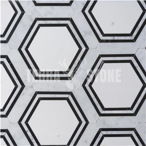 Carrara Black Marble Waterjet Mosaic Tile In Double Hexagon