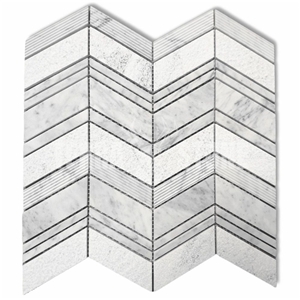 Carrara White Marble 1X4 Chevron Mosaic Tile W/ Lines