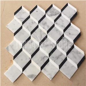 Carrara White Marble Square Waterjet Mosaic 3D Pattern Tile