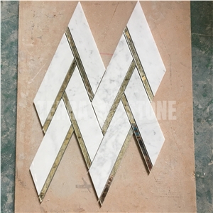 Carrara White Marble With Glass In Herringbone Mosaic Tile