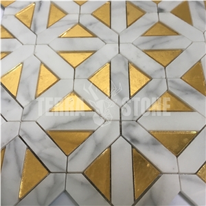 Carrara White Marble With Golden Glass Inlay Geometry Mosaic