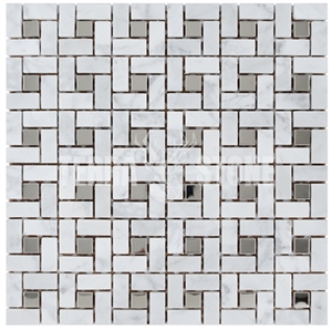 Carrara White Mosaic Pinwheel Marble And Metal Bathroom Tile