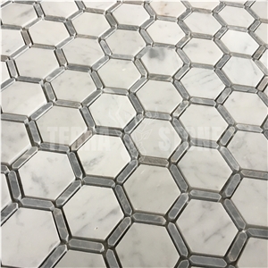 Carrara White With Grey Marble Frame Hexagon Mosaic Tile