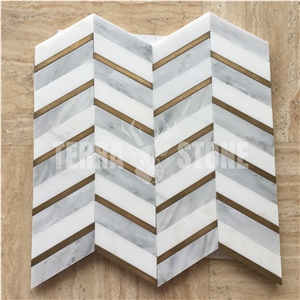 Chevron Mosaic Carrara Marble Tile With Brass Inaly Waterjet
