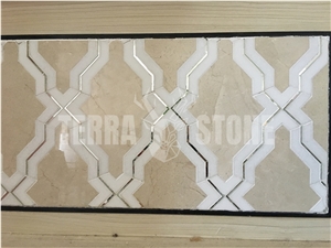 Crema Marfil Beige Waterjet Marble Mosaic Tile With Glass
