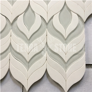 Crystal Thassos White Marble And Glass Water Jet Mosaic Tile