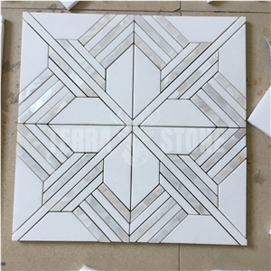 Elegant Waterjet Thassos White Marble Mosaic Gray Stone Tile