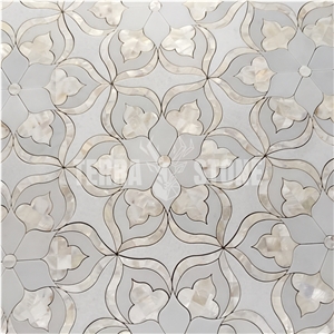 Floral Design Waterjet White Marble Pearl Shell Mosaic Tile