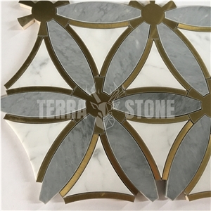 Golden Metal Brass Inlay Water Jet Marble Mosaic