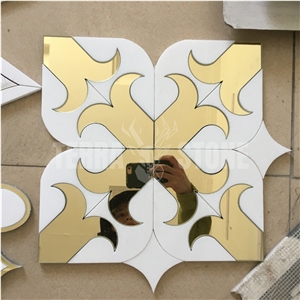 Golden Mirror Glass Waterjet Mosaic Pure White Marble Tile